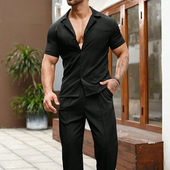 . Other - Black Casual Mens Solid Button Up Shirt & Pants